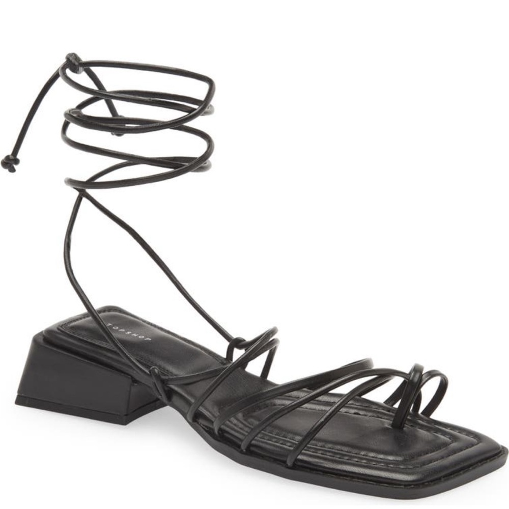 Topshop Pearly ankle wrap flat sandal in black, size 6